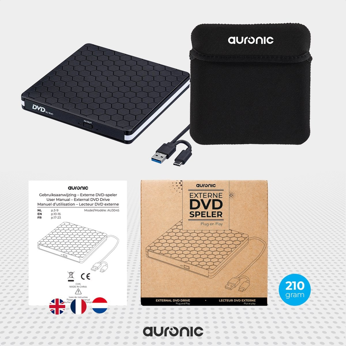 Auronic Lecteur DVD externe - Pour ordinateur portable et graveur - USB 3.0 ou USB C - Windows, MacOS & Linux - Livré avec housse et câble