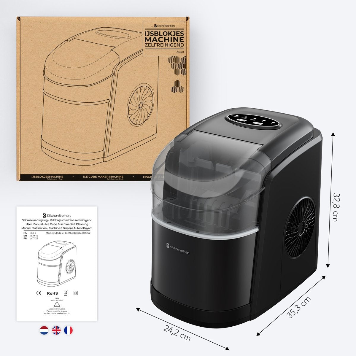 Machine à glaçons  avec pelle à glace- KitchenBrothers - Fonction autonettoyante - - 1.6L - 8 min. - 12kg/24h - Noir