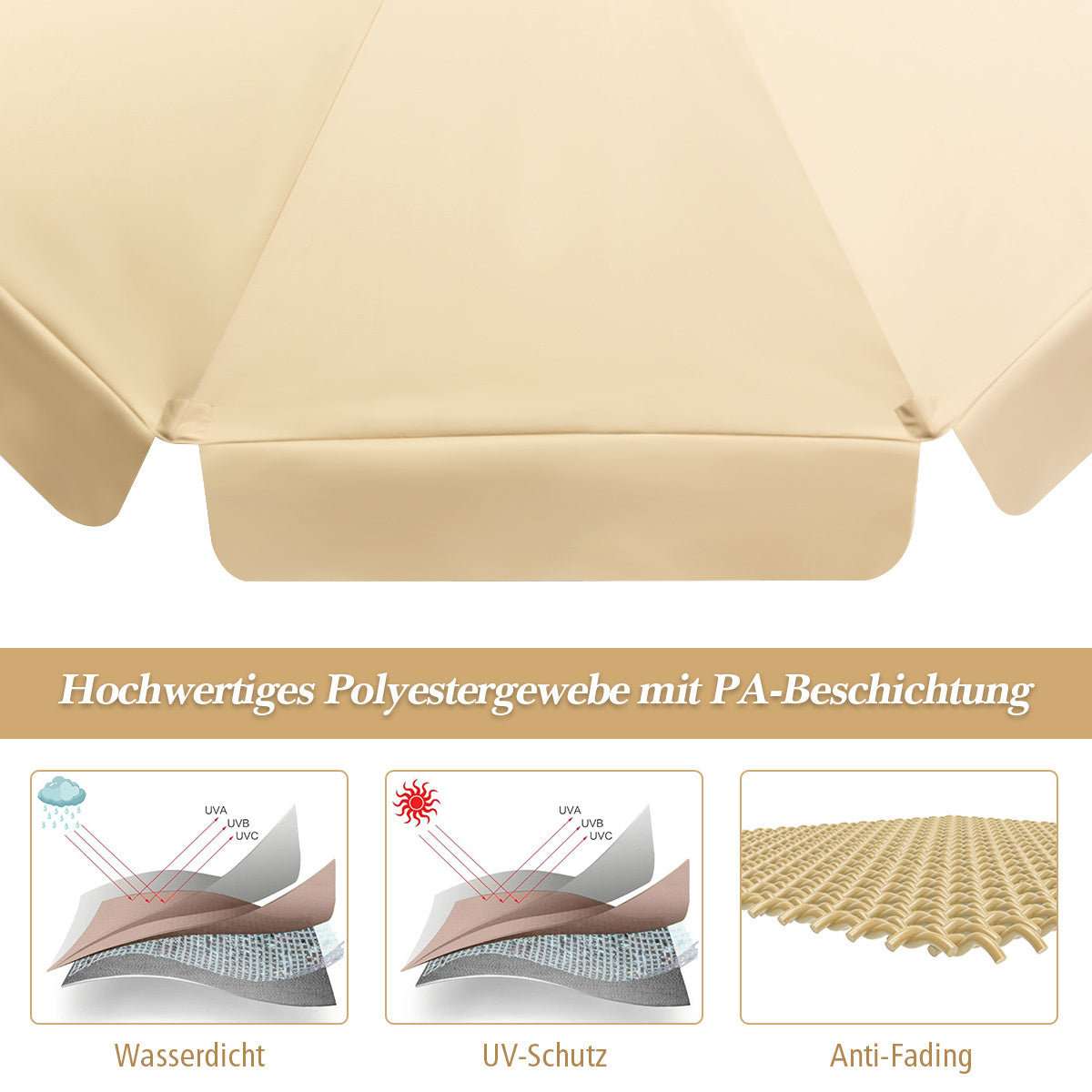 Coast parasol de jardin - inclinable - étanche - avec protection uv - bois - 3m - beige