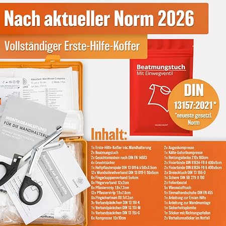 HELDENWERK Boîte de premiers secours version 2026 [DIN 13157:2021] avec support mural & 5 x autocollants | trousse de premiers secours pour le bureau, le ménage et la restauration - boîte de premiers secours d'entreprise remplie, armoire sanitaire