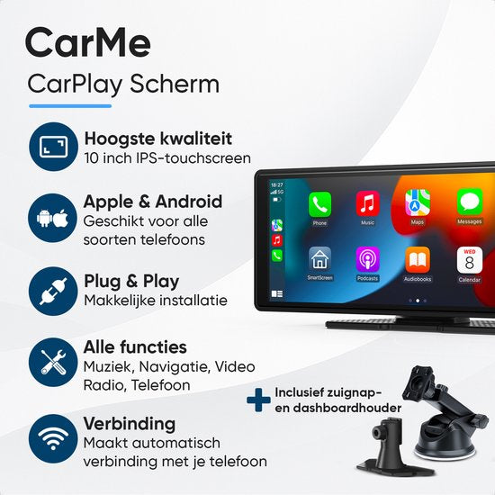 CarMe Écran CarPlay 10 pouces - Apple CarPlay et Android Auto (sans fil) - Écran tactile - Système de navigation automobile - Convient à Apple CarPlay et Android Auto - Écran Android Auto
