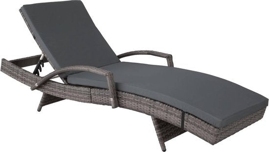 tectake® - Chaise longue en osier - Dossier réglable (5 positions) - Coussin de chaise longue inclus avec housse lavable - gris - poly-rattan