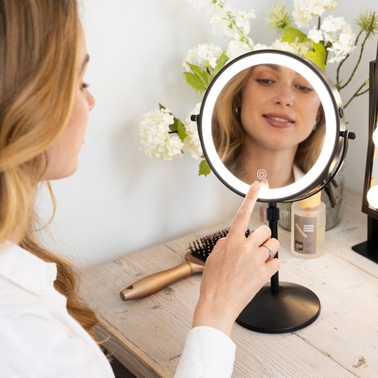 Mirlux Miroir de maquillage avec éclairage LED - lumière grossissante 10x - réglable en hauteur - 3 modes d'éclairage - rechargeable - Miroir grossissant noir