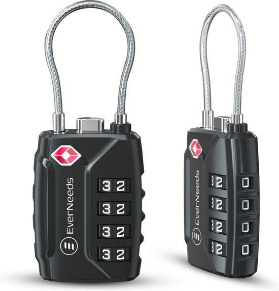 EverNeeds Serrure de valise - Serrure TSA - Cadenas à 4 chiffres - Serrure à chiffres - Noir - 2 pièces