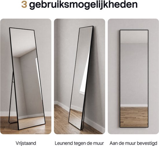 Infinity Goods Miroir en pied - Miroir mural - Miroir rectangulaire sur pied - Bordure métallique luxueuse - 160 x 40 cm - Noir