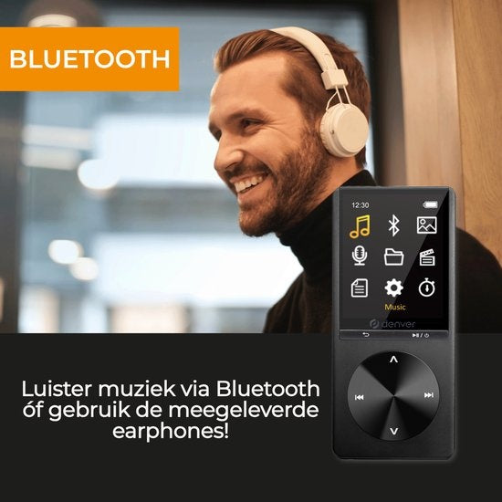 Denver Lecteur MP3 / MP4 - Bluetooth - USB - Shuffle - jusqu'à 128 Go - Ecouteurs inclus - Enregistreur vocal - Dicataphone - MP1820 - Noir