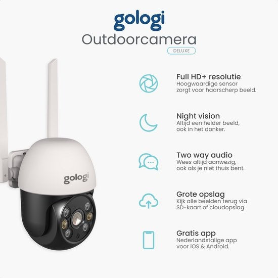 Caméra extérieure Gologi - Caméra extérieure avec vision nocturne - Caméra de sécurité - Caméra IP - Caméra de sécurité - Zoom numérique 4x - 3MP - Avec wifi et application