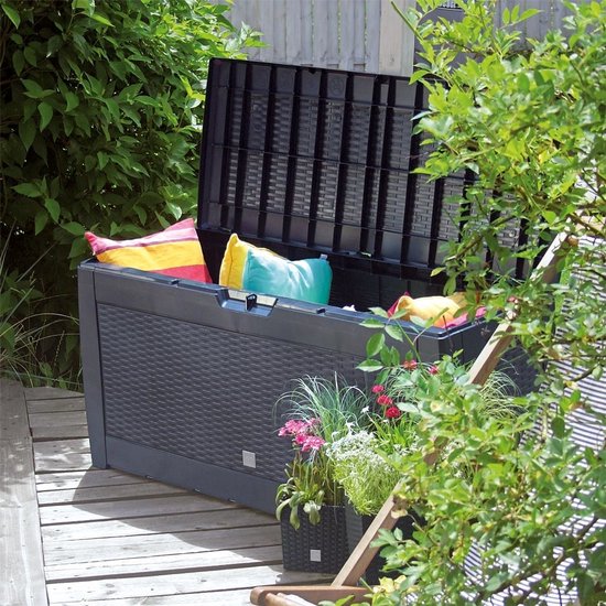 Boîte de rangement 310 L, résistante aux UV et aux intempéries, avec roulettes, boîte de jardin aspect rotin, anthracite
