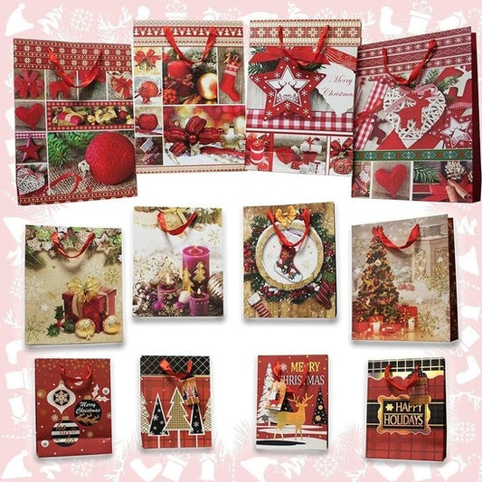 Assortiment de 12 sacs cadeaux de Noël avec poignées en corde et étiquettes cadeaux assorties - 4 grands (31 x 40 cm), 4 moyens (26 x 32 cm) et 4 petits (18 x 24 cm)