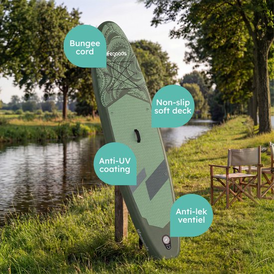LifeGoods SUP Board All-round Compact - 100 KG Load Capacity - 300 x 76 cm - Inflatable - Complete SUP Package - Green/Leger Green
