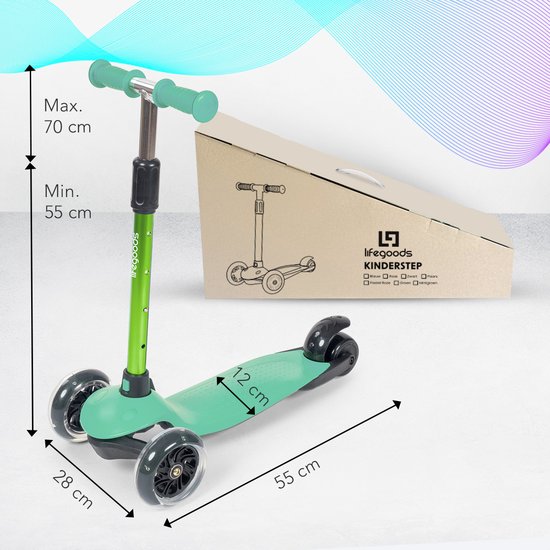 Trottinette LifeGoods pour enfants - 2 à 5 ans - 3 roues lumineuses à LED - Hauteur réglable - Garçons/Filles - Vert menthe