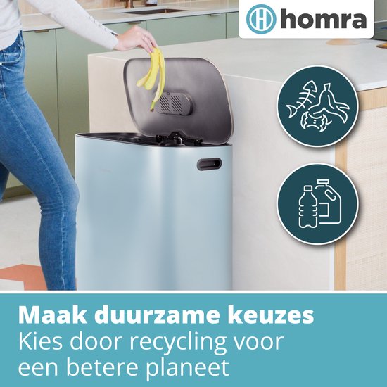 Poubelle Homra Rockx 60 litres - Poubelle à double pédale 2 x 30 L avec filtre anti-odeurs - Poubelle de tri sélectif en acier inoxydable à 2 compartiments - Poubelle de recyclage - Poubelle de cuisine - Poubelle de tri sélectif - Poubelles doubles bleues