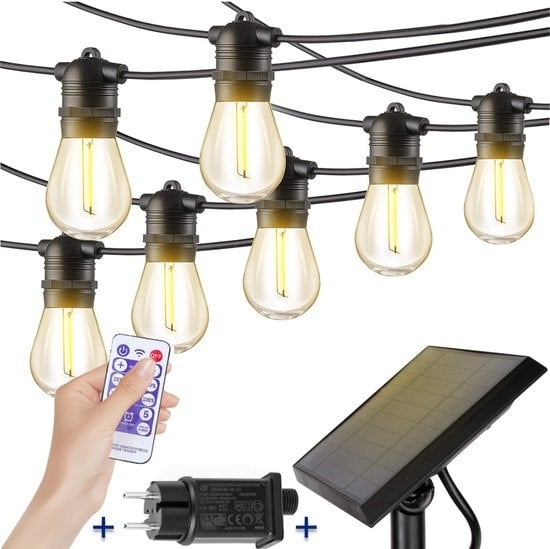 SHINE - Guirlande lumineuse d'extérieur - Guirlande lumineuse à énergie solaire - Cordon lumineux à leds solaires - Eclairage de fête - Guirlande lumineuse à ampoules - Eclairage de jardin - Eclairage d'ambiance vintage - 12 ampoules E27 à leds avec téléc