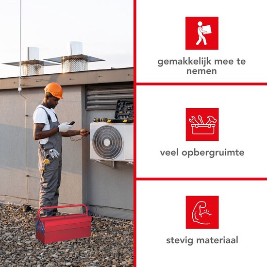 Toolland Boîte à outils, métal, pliable, 5 compartiments, rouge, 530 x 200 x 200 mm