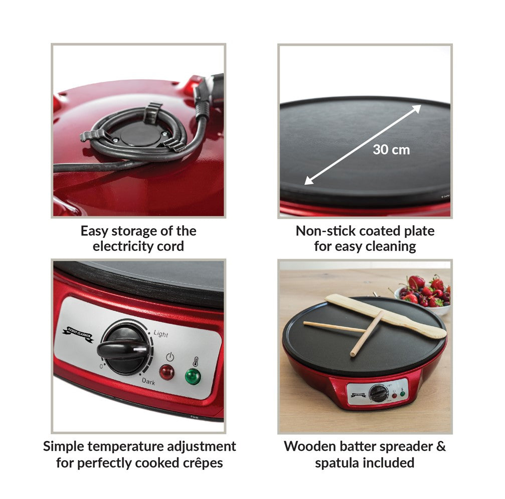Crêpière Gadgy, Thermostat réglable, Ø30CM, 1000W, Spatule et diviseur de pâte, Rouge
