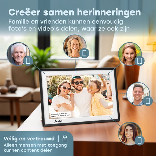 Audyn Cadre photo numérique - HD - avec WiFi - 16GB - écran tactile IPS - fonctionne avec l'application Frameo - Cadre photo