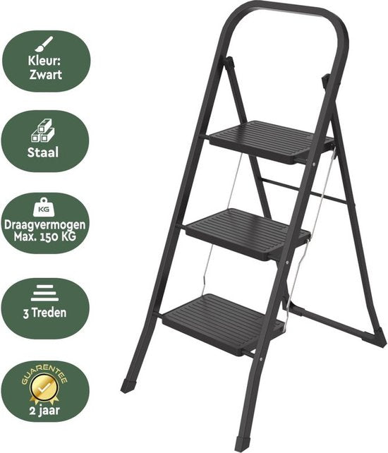 BRASQ Échelle ménagère 3 marches noire - Échelle de cuisine en métal pliable pour usage privé et professionnel - Échelle - Antidérapante