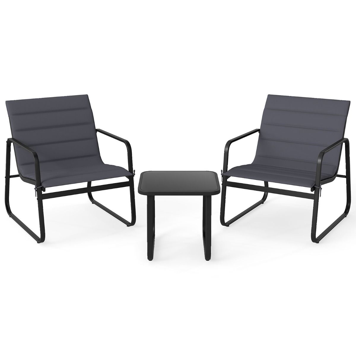 Ensemble de jardin Coast 3 pièces - chaises d'extérieur avec coussins amovibles - table d'appoint en verre trempé - gris et noir