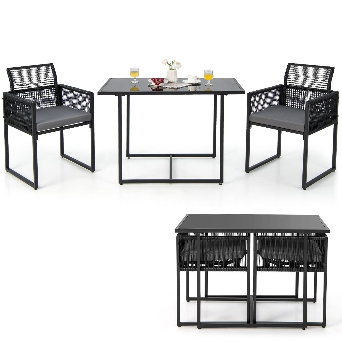 Coast Terrace Furniture Set 3-Piece PE Rattan Black with Folding Backrest, Table 108x60x72 cm and Chairs 54x52x85 cm