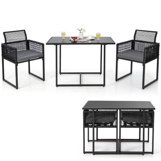 Coast Terrace Furniture Set 3-Piece PE Rattan Black with Folding Backrest, Table 108x60x72 cm and Chairs 54x52x85 cm