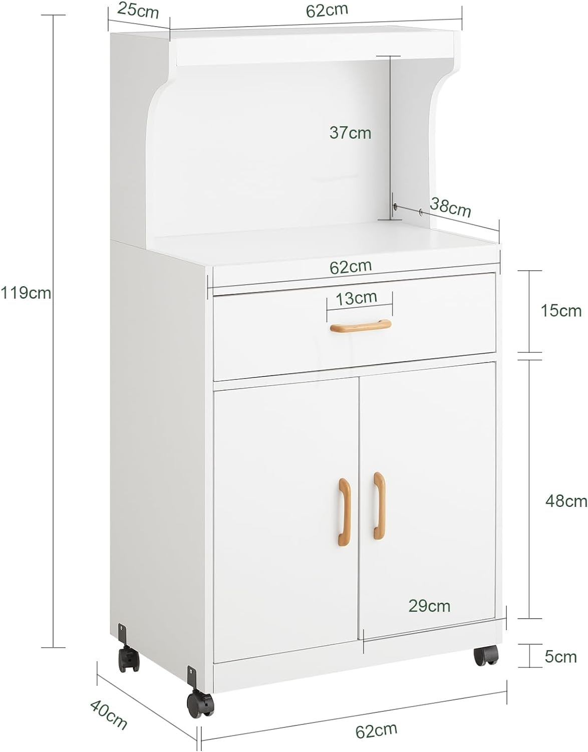 SoBuy Meuble micro-ondes avec 1 tiroir - Max. 60 kg - MDF - Avec roulettes - 62 x 40 x 119 cm - Blanc