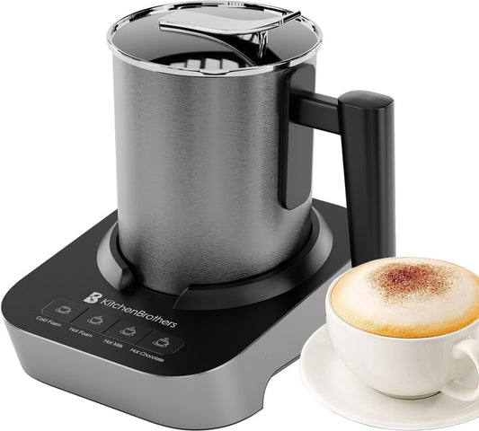 KitchenBrothers - Mousseur à lait électrique - Lavable au lave-vaisselle - 4-en-1 - 400 ML - Acier inoxydable/Noir