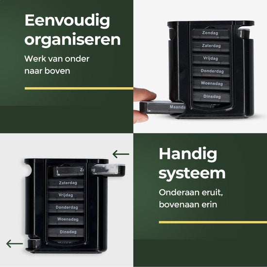 Boîte à pilules Gandria 7 jours - Boîte à pilules amovible - Boîte à médicaments empilable avec 28 compartiments - Boîte à médicaments avec fermeture solide - 4 compartiments par jour - Noir
