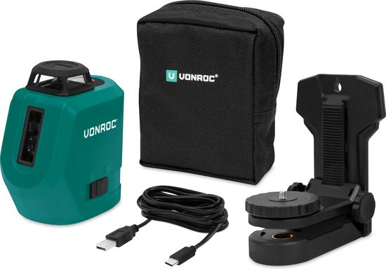 VONROC Cross line laser - 360° - rouge - batterie 4V - 2600mah - autonivelant - portée ±20 mètres - Support de montage, câble USB-C et sac de rangement inclus.