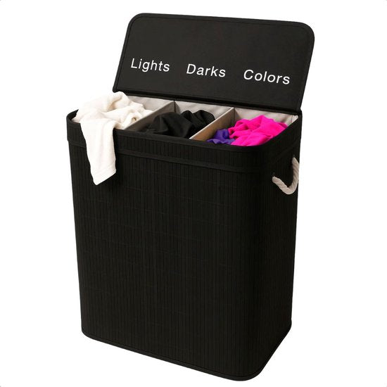 Panier à linge Ceruzo à 3 compartiments – Trieur de linge en bambou 100 L – Sac intérieur amovible – Noir