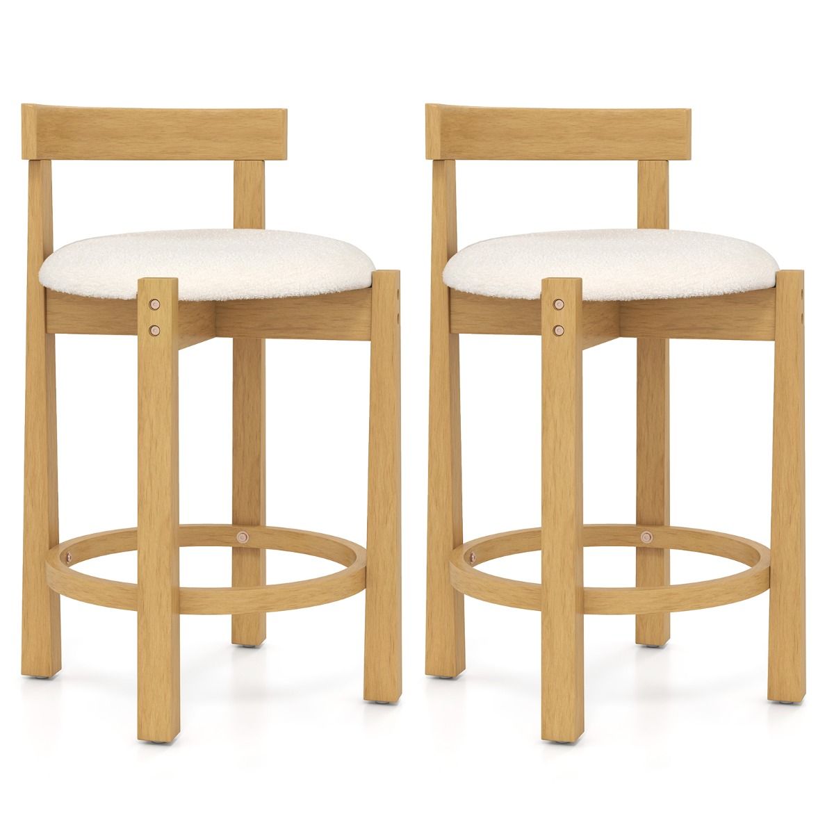 Ensemble de 2 tabourets de bar Coast - avec dossier et repose-pieds - assise en velours teddy - hauteur d'assise 62 cm - couleur naturelle et beige