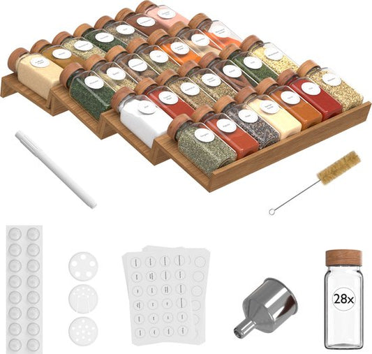 Noswo Tiroir à épices avec 28 pots - Set complet - Carré - Couvercle à saupoudrer et étiquettes - Organisateur d'épices - Organisateur de tiroirs de cuisine - Acacia