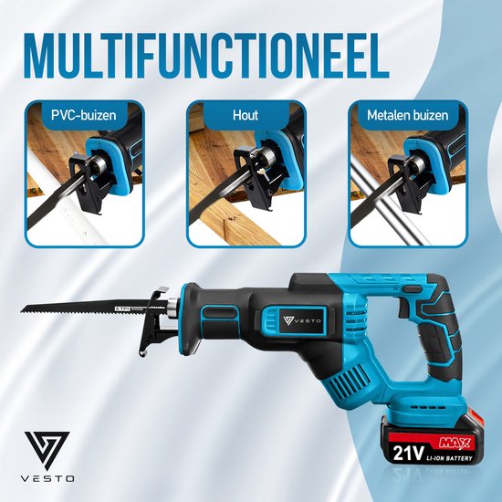 Vesto® Battery Reciprocating Saw - 21V Li-Ion - 2 batteries, lames de scie et étui inclus - course de 25 mm - pour bois, métal et plastique - système de changement rapide - sans fil