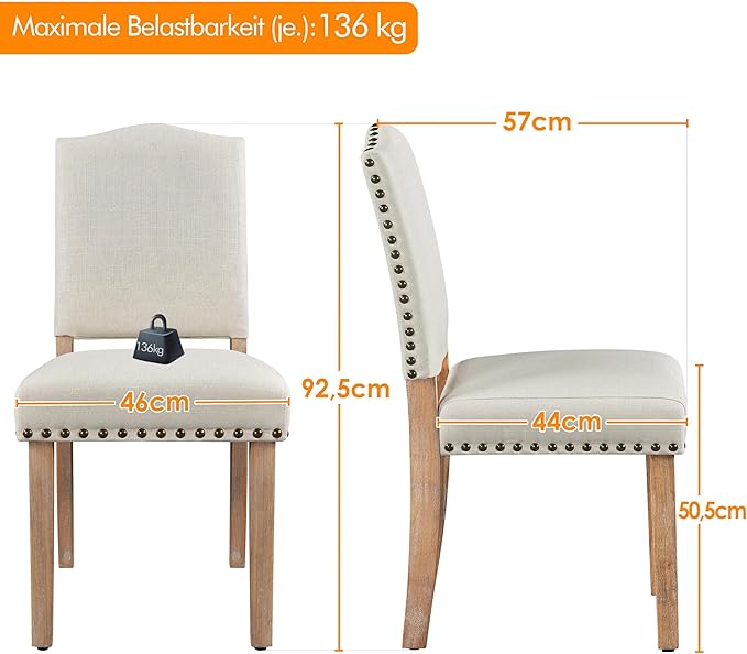 Yaheetech - Lot de 2 chaises de salle à manger rembourrées avec pieds en bois - Beige - Poids max. : 136 kg