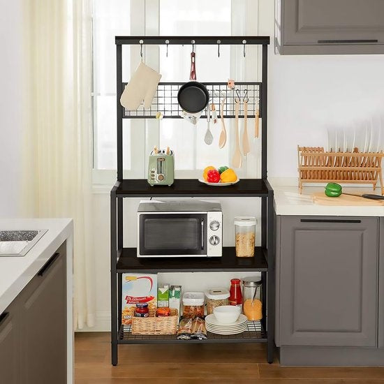 Goliving Armoire de cuisine - Étagère de cuisine verticale - Armoire à micro-ondes - Organisateur - Métal - Bois - 84 x 40 x 170 cm - Noir