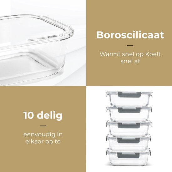 Stosh Meal Prep Trays - Plateaux fraîcheur - Plateaux congélation - Etanches à l'air - 5 pièces - 1L - Sans BPA - Verre