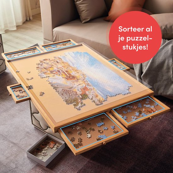 Plateau de puzzle rotatif avec système de rangement - 6 tiroirs - 1500 pièces - Bois - Table de puzzle - Classeur de puzzle - 64 x 86 x 4 cm - Couvercle de protection inclus - Tapis de puzzle - Mallette - Bois
