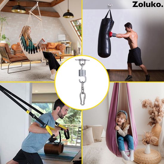 Système de suspension en acier inoxydable Zoluko - Capacité de charge 300 KG - Rotation libre 360° - Ressort insonorisant - Système de suspension pour sac de boxe - Fixation au plafond - Crochet de plafond - Crochet de suspension - Crochet à vis - Chrome