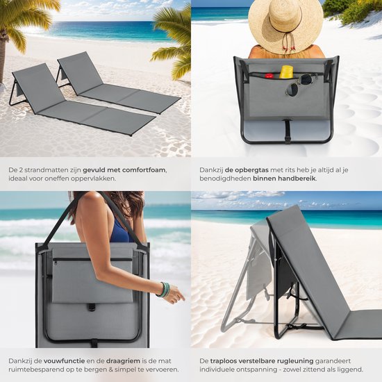 tectake® Beach Mat - Lot de 2 tapis de plage pliables avec dossier réglable, sangle de transport et compartiment de rangement - Idéal pour la plage, le camping ou le jardin - Léger et facile d'entretien - Gris