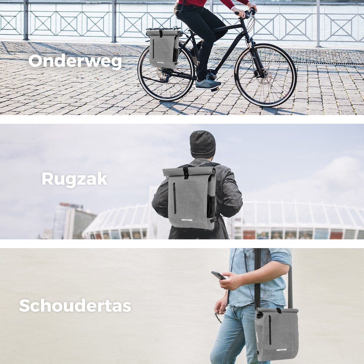 LifeGoods Single Bicycle Bag - Compact - Sac à bandoulière et sac à dos - 25L - Porte-bagages ronds - Imperméable - Gris