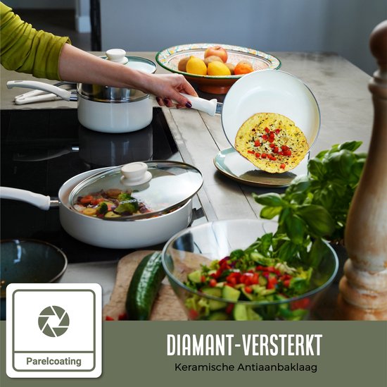 COOCK Batterie de cuisine à induction 19 pièces - Revêtement spécial antiadhésif - Poignées ergonomiques à froid - Aluminium recyclé - Ensemble de poêles à frire - Ensemble de casseroles - Blanc - Sous-verres et livre électronique inclus