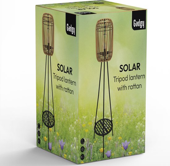 Gadgy Lampe de jardin solaire Lampe de sol Terrasse - Lampe d'extérieur à énergie solaire Balcon et jardin - à trépied Led extérieur avec connexion USB - Lanterne d'éclairage extérieur  - Rotin