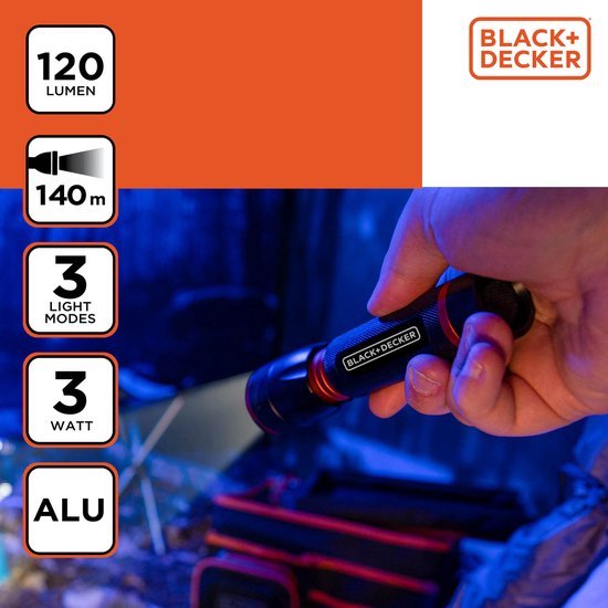 BLACK+DECKER Lampe de poche LED 120 Lumen - 3W - 140M Portée - 3 modes d'éclairage : Haut, Bas, Pulsé - Noir/Orange
