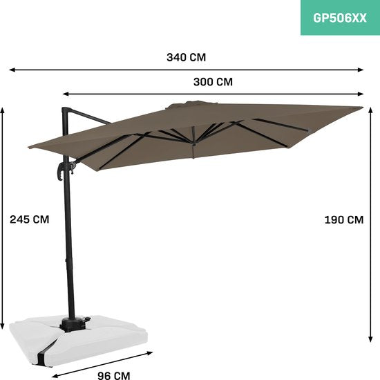 VONROC Premium Parasol flottant Pisogne 300x300cm - Base transversale et housse de protection incluses - Parasol carré - Rotation 360° - Inclinaison - Toile résistante aux UV - Taupe