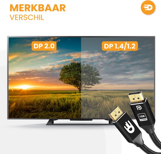 Drivv. Câble Displayport 2.1 - 16K 60Hz 8K 120Hz 4K 144Hz - 80Gbps - Displayport 2.1 - Câble DP - 5 mètres - Noir