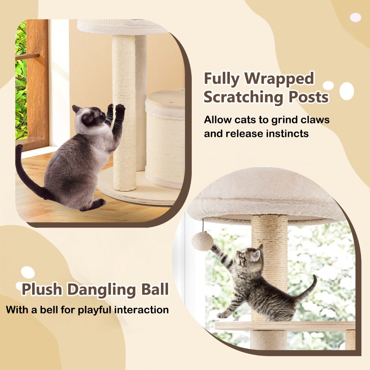 Arbre à chat Coast - 2 maisonnettes - panier et balle - 152 cm - couleur naturelle