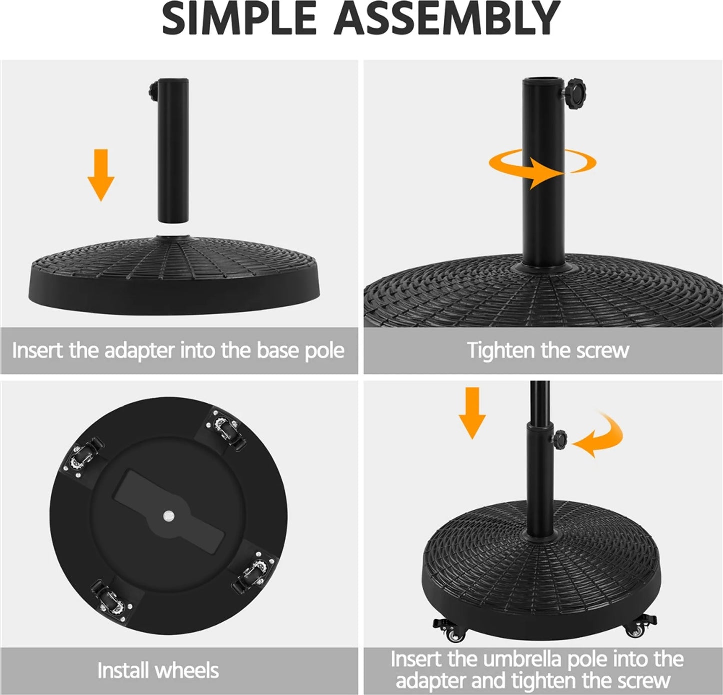 Yaheetech Base de parasol sur roues 24 kg - Avec 4 roulettes avec frein et deux adaptateurs pour Ø 38 mm et Ø 48 mm - Pour terrasse et jardin - Résine noire et métal - 52 x 52 x 42 cm