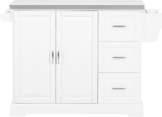 Chariot de service SoBuy - Chariot de cuisine blanc avec plateau rabattable - 3 tiroirs, 2 portes, étagères réglables | FKW41-II-ST