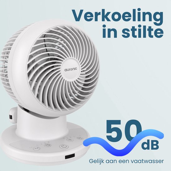 Ventilateur de table Auronic - Mini-ventilateur - Avec télécommande et minuterie - Oscillation automatique à 85° - Portée de 9 mètres - Blanc