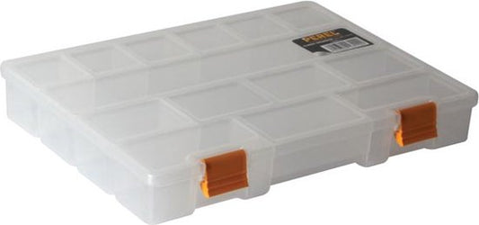 Boîte d'assortiment Perel, 21 compartiments fixes, empilable, 276 x 203 x 42 mm, transparent/jaune