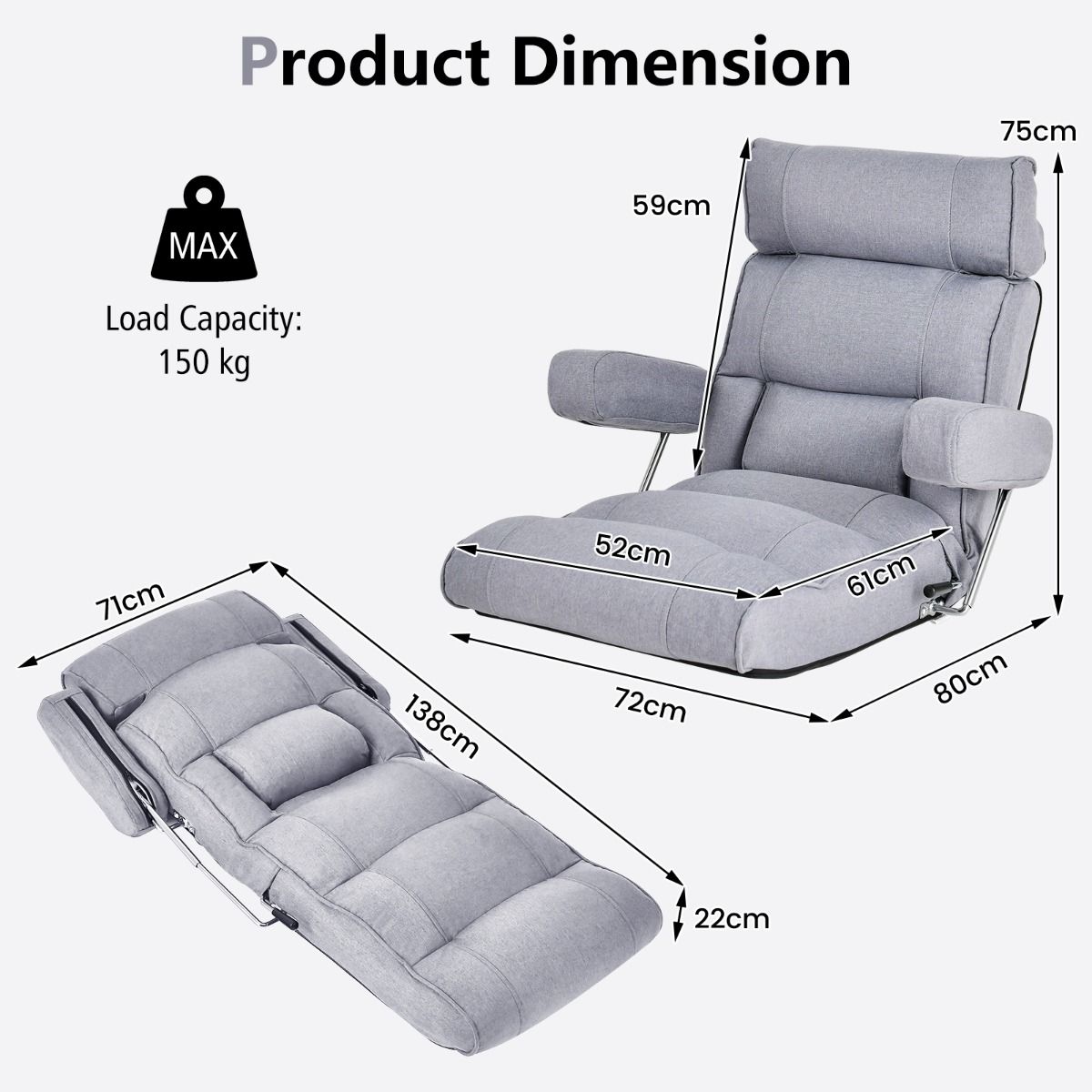 Chaise de sol Coast - dossier réglable - appui-tête et soutien lombaire - gris